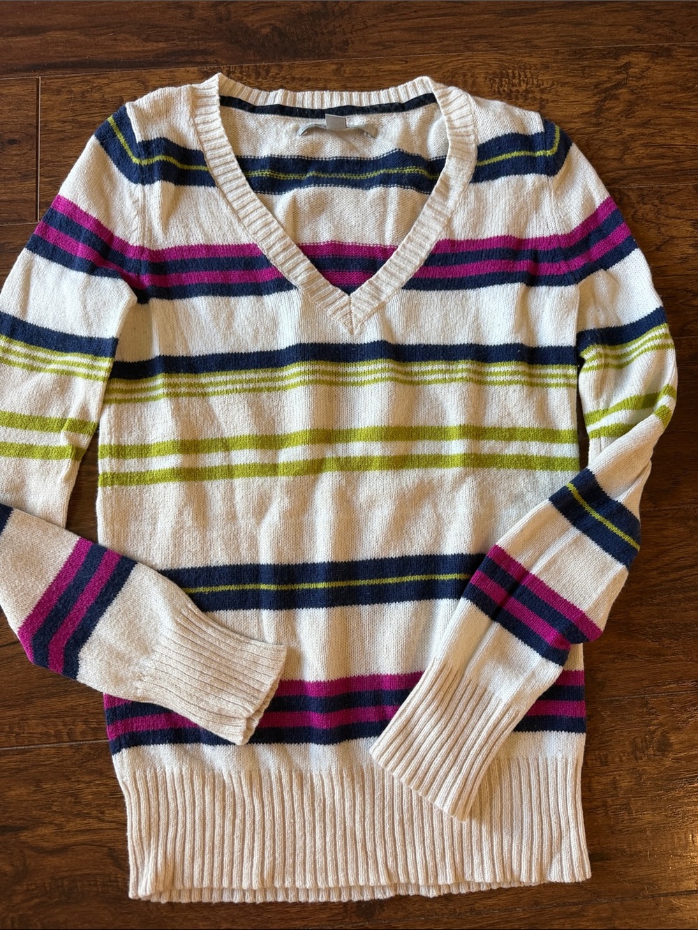 Old Navy Cream V-Neck Sweater with Pink, Navy & Lime Stripes